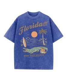 Florida Palm Tree Pattern T-Shirt - Women's Casual Vacation Short Sleeve T-Shirt, Palm Tree And Surfboard Graphic, Round Neck Short Sleeve Top, Suitable For Summer Clothing, Beach Wear |   Vacation Vibe Shirt |   Comfortable Wear, Beach Shirt-White And Navy Off-The-Shoulder Cropped Top (Unisex) - St Pattys Day Outfit - Summer Outfits For Women - Summer Tops For Women - White Top - Vacation Outfits Women - Xanh dương 1 - Xem 1