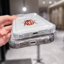 1 unidad Mariquita cerezas patrón lindo Funda para iPhone 17, protección anticaída con airbag reforzado en las cuatro esquinas, tarjetero invisible integrado en la parte trasera, compatible para tarjeta personal, carnet de conducir, tarjeta de acceso y tarjeta de transporte, funda protectora antigolpes portátil con ranura para tarjetas, diseño sencillo y elegante, ideal para uso diario, desplazamientos y viajes - transparente - Ver 3