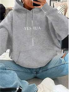 Women's Religious Sweatshirt With Yeshua Design, Hooded, Kangaroo Pocket, Casual, Warm Flannel Lined, Ideal For Winter, Long Sleeves - Xám - Xem 7