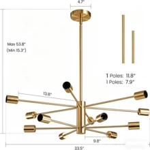1pc 12-Light Sputnik Chandelier, Modern Gold/Black Decorative Ceiling Light, Mid-Century Branching Sputnik Pendant Lighting Fixture, Adjustable Industrial Style Ceiling Lighting For Living Room, Dining Room, Bedroom, Kitchen, Foyer, Home Decor, E26/E27 Bulb Base (Bulbs Not Included) - one-size - View 13