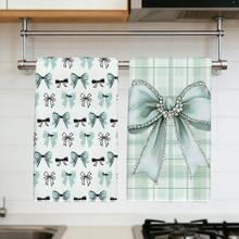 2pcs Minimalist Pink Bow Pattern Kitchen Towels, Soft Polyester Material Dish Cloths, Suitable For Kitchen Decor, Cleaning, Holiday Party Decoration, Kitchen & Bathroom Essentials, Home Decor, Housewarming Gift - Multicolor - View 2