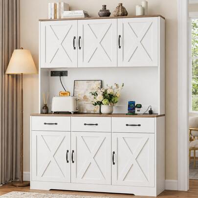 Yanosaku 71" White Farmhouse Pantry Cabinet With Charging Station, Kitchen Sideboard With 6 Doors, 3 Drawers, Adjustable Shelves & Open Countertop