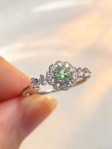 1pc S925 Sterling Silver Synthetic Pale Green Zirconia Ring, Bohemian Elegant Everyday & Party Wear Jewelry For Women - Silver - View 3