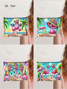 1 pièce Trousse de maquillage mignonne avec flamant rose, sac à fermeture éclair tropical d'été pour la plage. Organisateur de voyage parfait pour les vacances, cadeau idéal pour les femmes et les filles - Multicolore - Voir 1