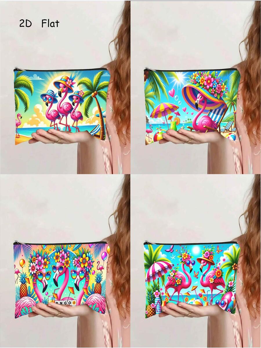 1 pièce Trousse de maquillage mignonne avec flamant rose, sac à fermeture éclair tropical d'été pour la plage. Organisateur de voyage parfait pour les vacances, cadeau idéal pour les femmes et les filles - Multicolore - Voir 1