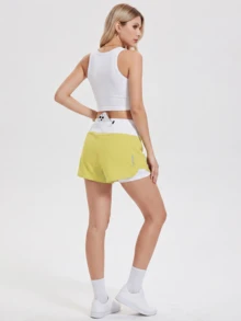 KyrLssu Women's High Waist Contrast Color Belt Letter Print Casual Everyday Shorts - Yellow - View 3