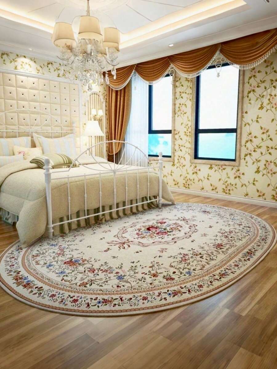1 pieza Alfombra ovalada de lujo estilo europeo - Suave y esponjosa con patrón floral, ribete dorado, alfombra floral ovalada, alfombra decorativa, decoración de dormitorio, alfombra pequeña, alfombra, decoración del hogar, alfombra para sala de estar, alfombra pequeña para sala de estar, alfombra de dormitorio, decoración del hogar para sala de estar, alfombra para exteriores, alfombra lavable - A - Ver 1
