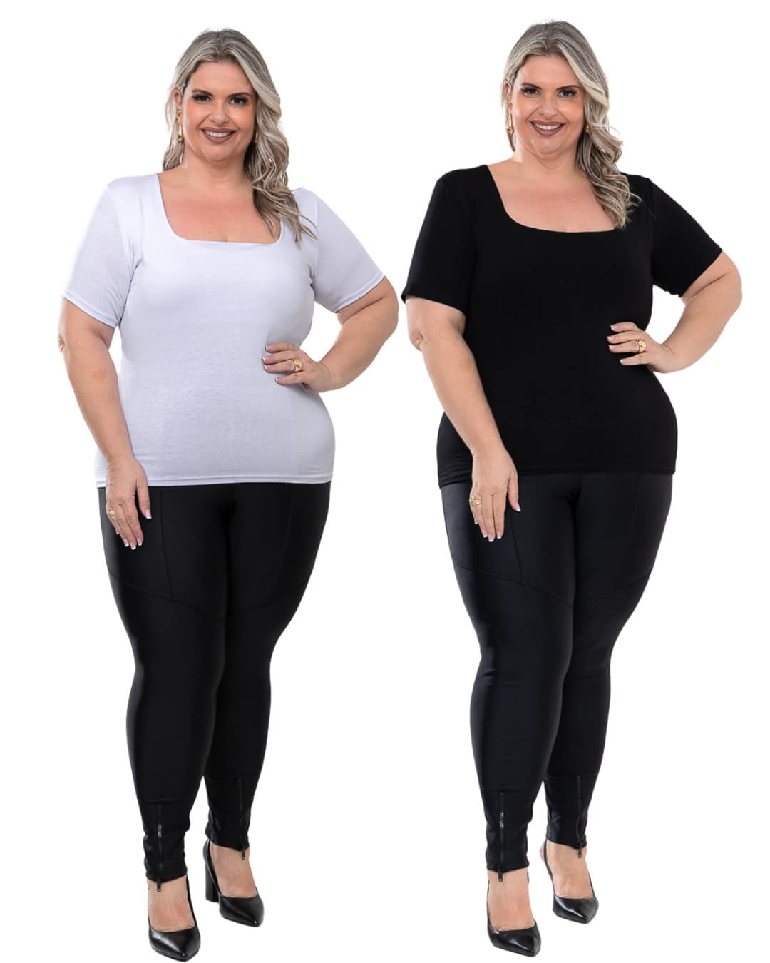 Set Of 2 Women's Basic Comfortable Short-Sleeve Square Neck Plus Size Blouses - Black and White - View 1