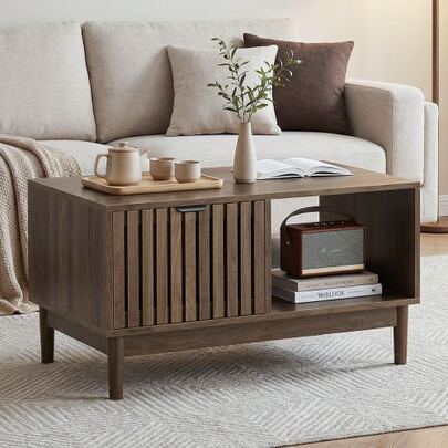 80 Cm Coffee Table, Mid-Century Modern Style, Central Table For The Living Room, Grid Structure With One Drawer, Open Shelves And Solid Wood Legs, Walnut Color.