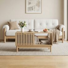 Mid-Century Modern Style 80cm Coffee Table, Living Room Center Table With Grid Structure, One Drawer, Open Shelves And Solid Wood Legs, Oak Color. - Natural Color - View 4