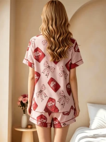 2pcs Women Bowknot Print Pajama Set, Short Sleeve Button Up Shirt And Elastic Waist Shorts, Cute Soft Comfortable Loungewear Sleepwear - Ngắn/Hồng - Xem 3
