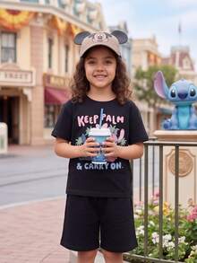 Disney Young Girl Stitch Cartoon Print T-Shirt - Black - View 3
