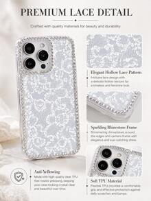 1 Piece Suitable For IPhone 17/16/15/14/13/12/11/Pro MAX, Gentle Lace Light Luxury Style, Transparent Sparkling Diamond Border TPU Soft Shell, All Inclusive Anti Drop Phone Protective Case, White Lace Pattern Print - Clear - View 3