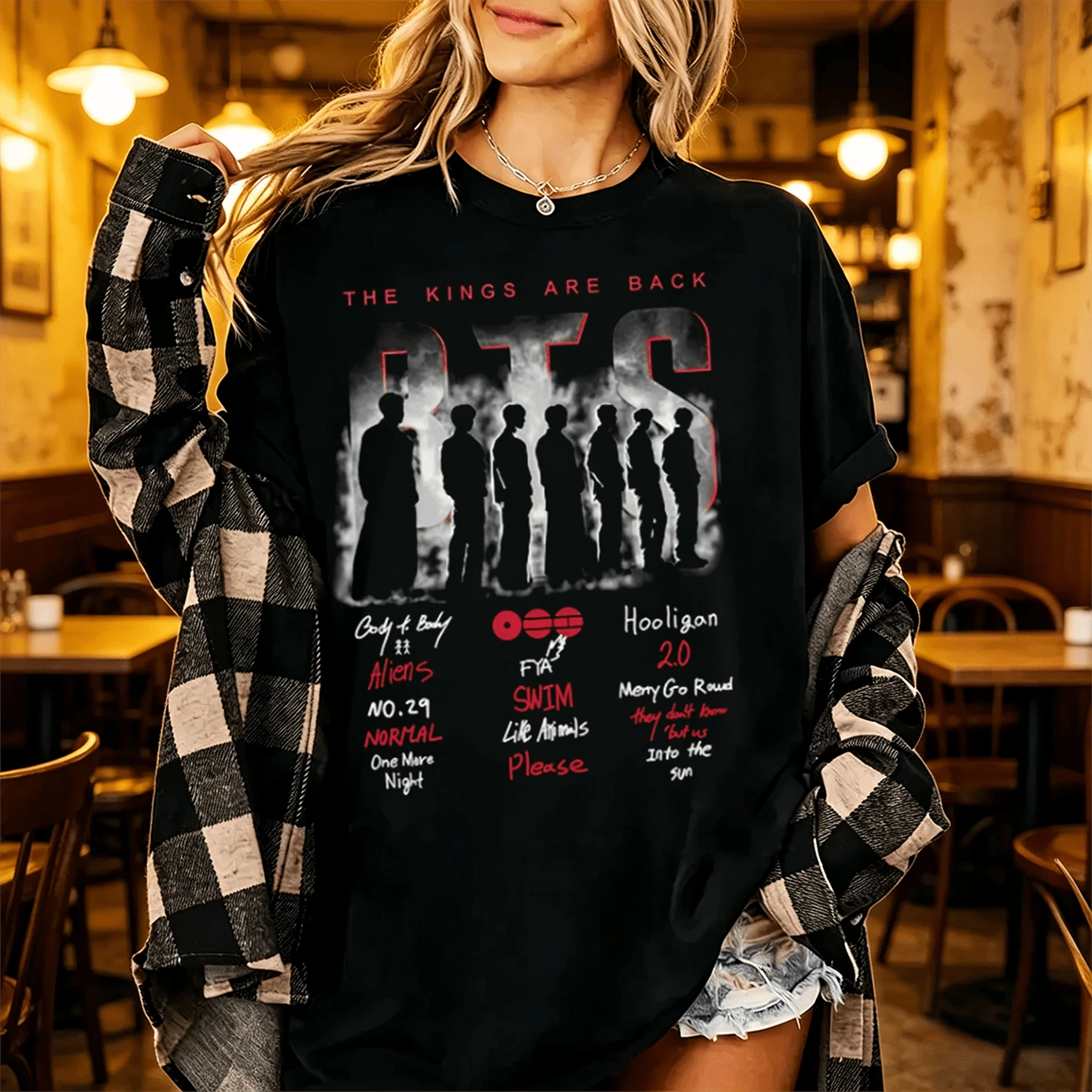 BTSBTS "The Kings Are Back" K-Pop T-Shirt, 100% Cotton, Unisex, Vintage Style, For Men And Women - 黑色 - 查看 1