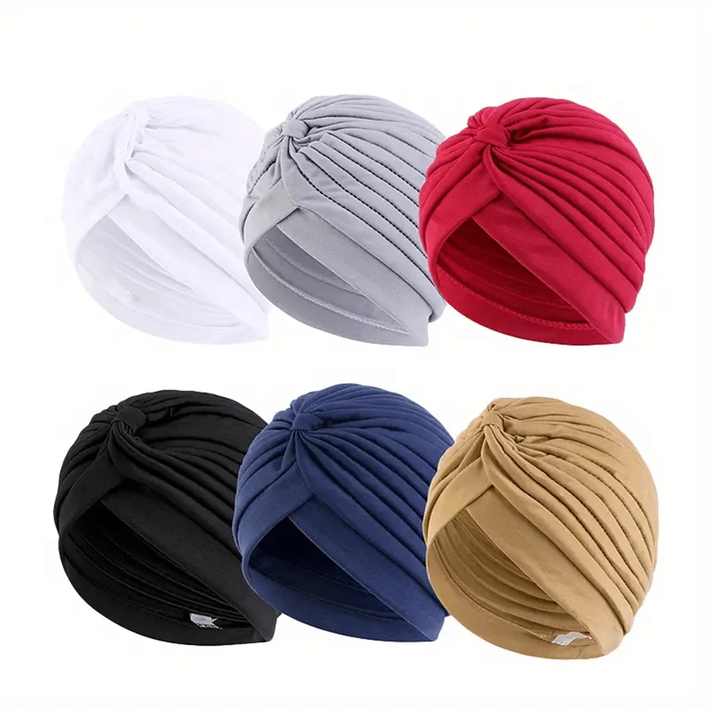 ZTZI 3pcs Multi Color Twist Pleated Turban Hat, Fashionable Instant Styling Headwrap Cap For Everyday & Night Sleep, Solid Color Bohemian Polyester Fiber Turban Cap, All Seasons - FG 6pcs Turban Cap - View 1