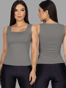 Set Of 3 Women's Tank Tops, Square Neck, Premium Supplex Fabric, Double Lining, Basic Blouse - 棕色 - 灰色 - 裸色 - 查看 3