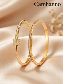 2pcs Minimalist Luxury Stainless Steel Single Row Diamond Rotating Bracelet, Suitable For Women's Daily Wear - Gold - View 10