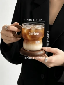 1 Set Coffee Glass & Wooden Saucer, Nordic Ins Style Latte Art Cup & Saucer, Vintage Breakfast, Milk, Afternoon Tea, Dessert Cup & Saucer, Suitable For Restaurant, Living Room, Cafe, Dessert Shop, Gathering - Transparent - View 4