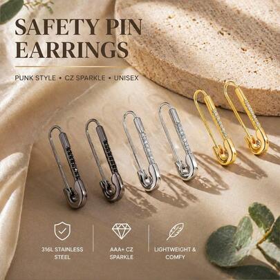Safety Pin Earrings Collection, 3 Colors (Gold/Silver/Black) With Zirconia, All-Match Women's Jewelry