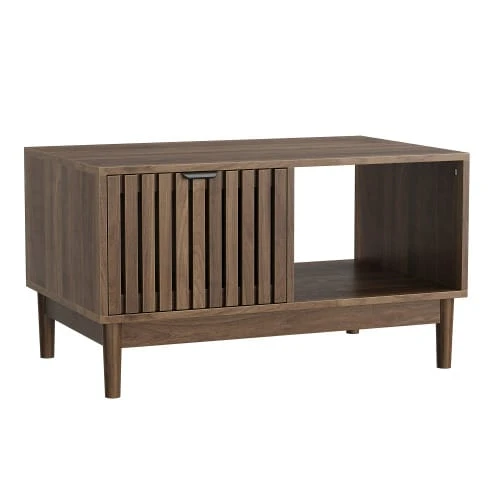 Mid-Century Modern Style 80cm Coffee Table, Living Room Center Table With Grid Structure, One Drawer, Open Shelves And Solid Wood Legs, Oak Color. - Khaki - View 1