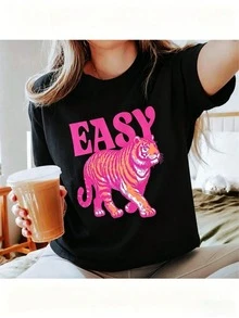 Easy Tiger Shirt, Di Tiger Boxy , Vintage Tigers Crop Top, Easy Tiger , Retro Tiger , Easy Tiger T-Shirtcotton220g High-Quality Pure Vintage Cotton T-Shirt Summer Outfits For Women Graphic Tees With Minimalist Printing, Soft And Breathable Fabric, Comfortable And Loose, Suitable For All Day Wear, Suitable For Office Casual Wear, Spring And Summer Daily Appearance, Elegant And Youthful Design-Unisex Summer Casual Vintage Cotton Printed T-Shirts For Couples - Black 1 - 查看 17