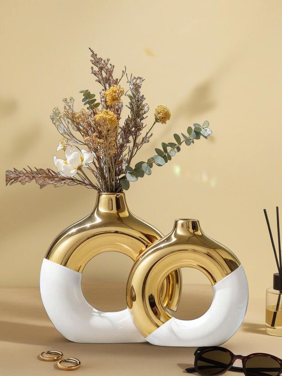 1pc Ceramic Donut Vase, Round Vase Suitable For Reed Grass, Nordic Modern Style Decorative Vase, Ceramic Vase Center Piece, Suitable For Wedding, Bedroom, Living Room, Coffee Table, Office Gift, Birthday Graduation Ceremony Home Decor Vase (Note Product Size) - Multicolor - View 1