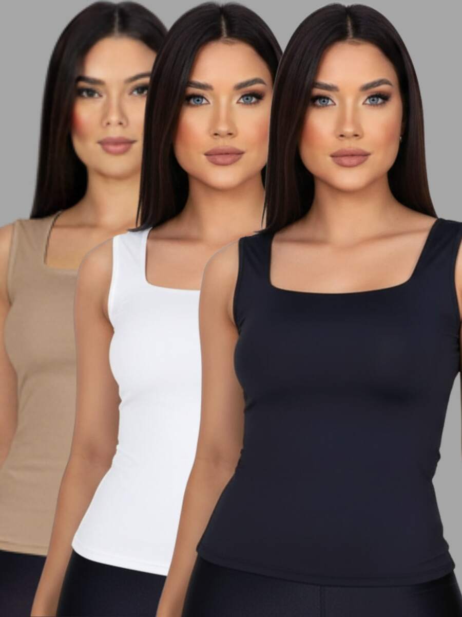 Set Of 3 Women's Tank Tops, Square Neck, Premium Supplex Fabric, Double Lining, Basic Blouse - 黑白裸色 - 查看 1