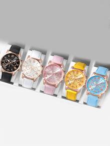 Set de 5 relojes de pulsera con esfera de color clásico y correa de cuero, reloj de pareja de cuarzo colorido tipo dopamina - Unitalla - Ver 1