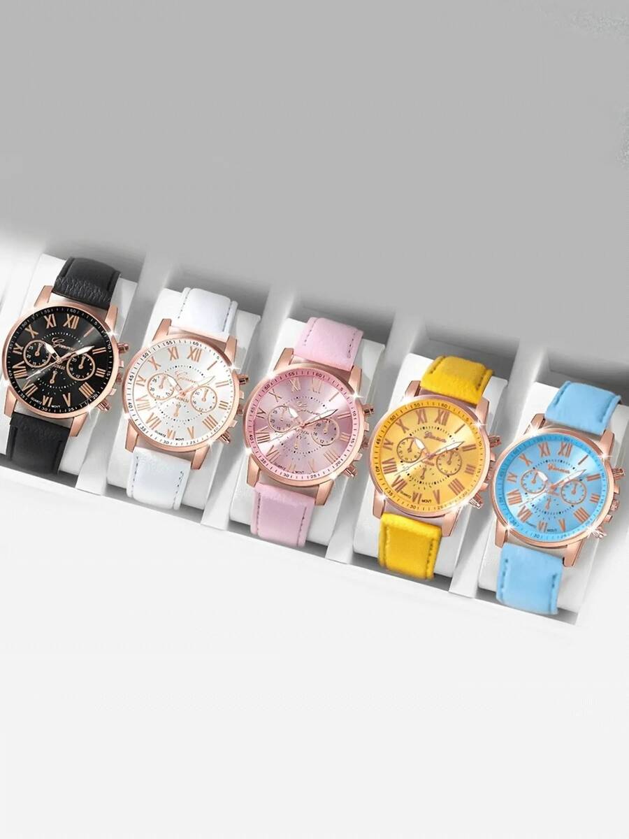 Set de 5 relojes de pulsera con esfera de color clásico y correa de cuero, reloj de pareja de cuarzo colorido tipo dopamina - Unitalla - Ver 1