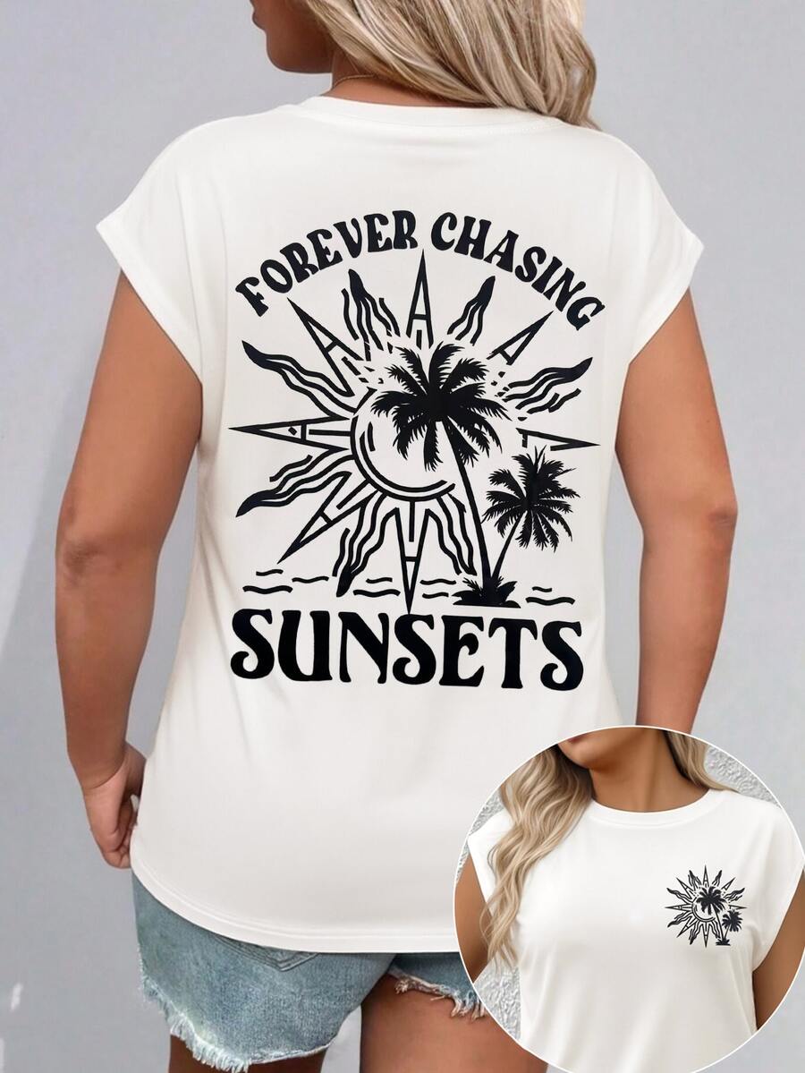 Plus Size Women Loose Casual Vacation Romantic Round Neck Daily "Chasing Sunset" Tropical Palm Tree Print Casual T-Shirt, Women Summer Tank Top, Women Summer Blouse, Women T-Shirt, Festival White - White - View 1