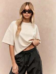 Oversized Heavy T-Shirt Modern Streetwear Essential Boxy Cut Casual Summer Basic Loopback Top Ultra Soft Minimalist Urban Fashion Staple-Unisex Summer Casual Vintage Cotton Printed T-Shirts For Couples - 杏色 - 查看 17