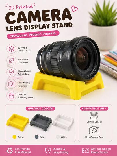Giá đỡ ống kính máy ảnh in 3D, giá đỡ ống kính chống trượt bằng PLA, hộp đựng phụ kiện máy ảnh DSLR tối giản để bàn.