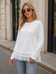 Long Sleeve T-Shirt With Contrast Lace, Solid Color, Spring/Autumn Casual - White - View 3