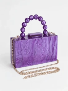 Milky Way Purple Marble Acrylic Box Clutch Bag With Beaded Handle & Gold Chain, Perfect For Wedding/Party - 紫色 - 查看 2