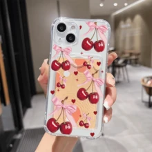 1 unidad Cerezas lazos corazones patrón dulce Funda para iPhone 17 PROMAX, protección anticaída con airbag reforzado en las cuatro esquinas, tarjetero invisible integrado en la parte trasera, compatible para tarjeta personal, carnet de conducir, tarjeta de acceso y tarjeta de transporte, funda protectora antigolpes portátil con ranura para tarjetas, diseño sencillo y elegante, ideal para uso diario, desplazamientos y viajes - transparente - Ver 2