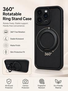 1 ốp lưng điện thoại có vòng xoay từ tính màu đen mờ, tương thích với iPhone 17/16/15/14/13/12/11/Pro MAX/Galaxy/Honor Series, xoay 360°, chống bám vân tay, chất liệu TPU chống sốc. - màu đen - Xem 1