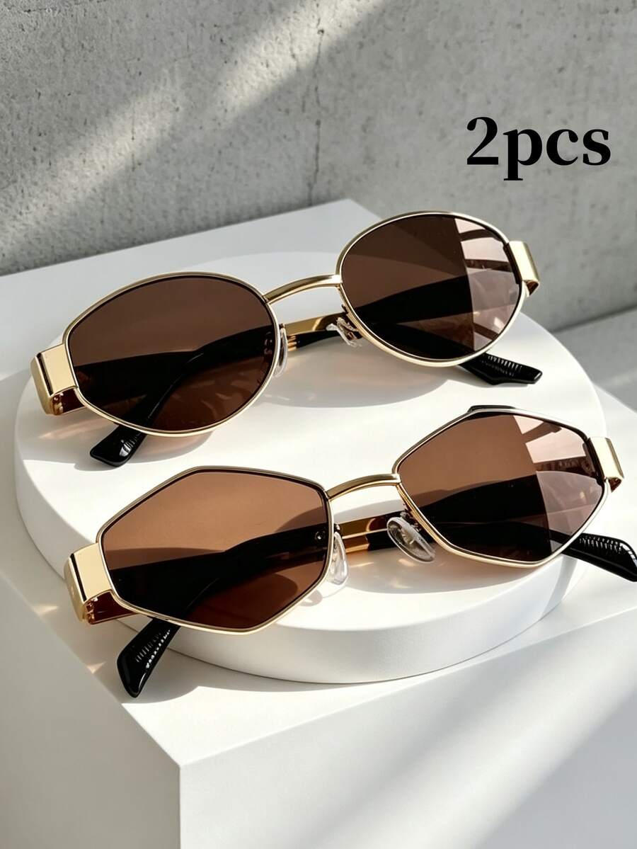 1 Set Termasuk 1 Kacamata Oval & 1 Kacamata Poligon Kombinasi Kacamata Fashion Musim Panas 2 Bagian, Kacamata Dekoratif Bingkai Logam Oval Retro Unisex Untuk Fotografi Jalanan, Perjalanan, Dekorasi - 2 buah Teh Bulat Berbentuk Berlian - View 1