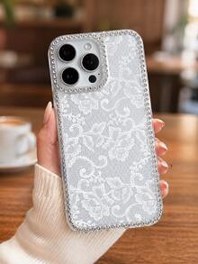 1 Piece Suitable For IPhone 17/16/15/14/13/12/11/Pro MAX, Gentle Lace Light Luxury Style, Transparent Sparkling Diamond Border TPU Soft Shell, All Inclusive Anti Drop Phone Protective Case, White Lace Pattern Print - Clear - View 5