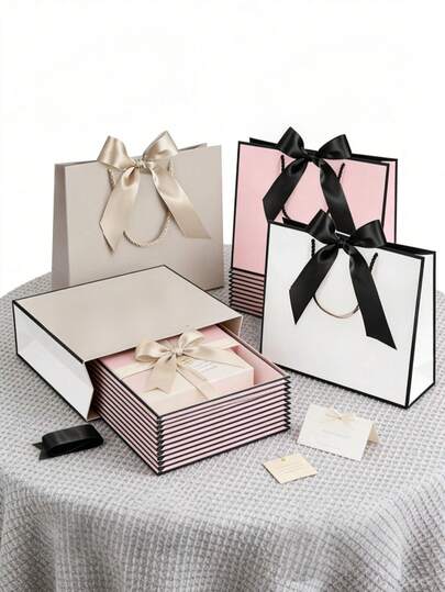 5pcs/3pcs-Three-Color Gift Bags, Gift Bags With Ribbon, Portable Paper Gift Bags With Handles, Birthday Gift Bags, Wedding Party Gift Bags, Mother's Day Gift Bags, Portable Paper Gift Bags With Handles, Birthday Gift Bags, Mother's Day Gift Bags, Paper Gift Bags For Wedding Gifts (Bridesmaids), Suitable For Men And Women