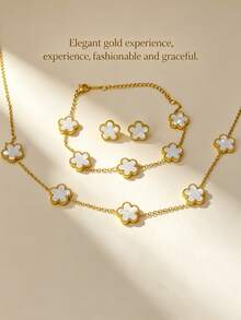 4pcs Stainless Steel Jewelry Set, Decorated With Star And Floral Patterns, Inspired By Dubai Middle Eastern Style, Exuding Modern Vibe. Suitable As Wedding Gift, Party Decor, New Year Gift Or Multi-Functional Accessory For All Seasons - Five-petaled Gold-edged - View 2
