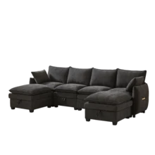 U-Shaped Sofa With Storage Space, Modular Sofa Set Consisting Of Four Seats And Two Footrests, Modern Sofa With Cushions And Armrests, Chenille Upholstery, Solid Wood Frame. - Grey - View 10
