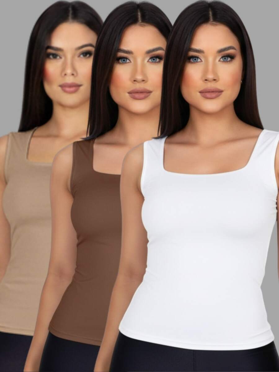 Set Of 3 Women's Tank Tops, Square Neck, Premium Supplex Fabric, Double Lining, Basic Blouse - 白色 - 棕色 - 裸色 - 查看 1
