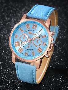 Set de 5 relojes de pulsera con esfera de color clásico y correa de cuero, reloj de pareja de cuarzo colorido tipo dopamina - Unitalla - Ver 4