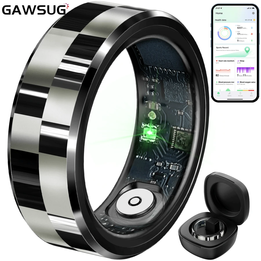 GAWSUG Smart Ring With Charging Case, IP68 Waterproof Health Tracker, Gesture Control & Remote Camera, Stainless Steel Fitness Ring For Android IOS, Sleep & Step Monitor, Motion Games Support - View 1
