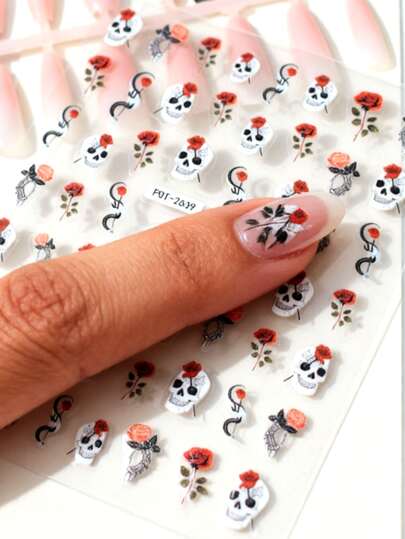 1 pieza Pegatinas de uñas con diseño de flores y calaveras en relieve, estilo gótico, decoración de uñas personalizada adecuada para fiestas temáticas, patrón oscuro, fácil de aplicar y duradero