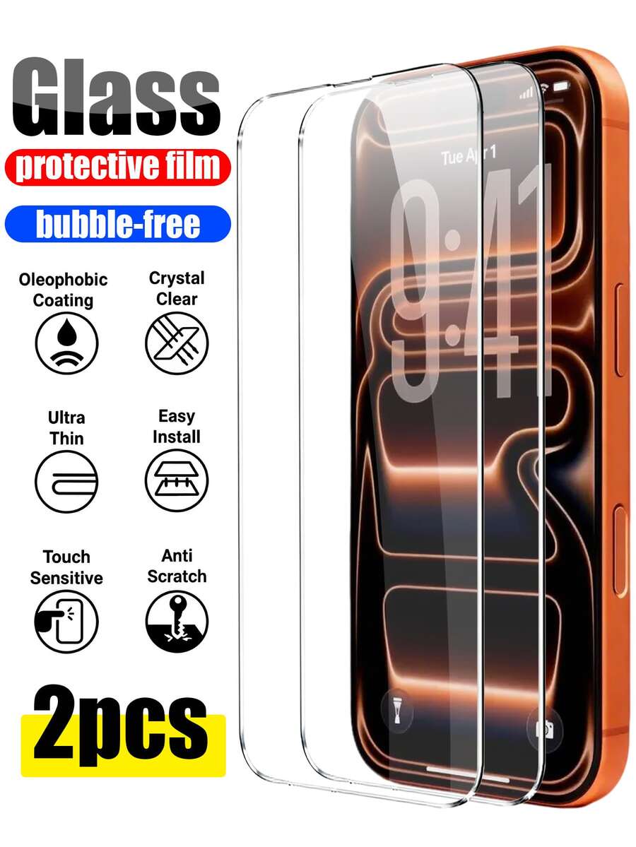 Bộ 2 miếng dán màn hình cường lực cao cấp độ cứng 9H, trong suốt HD, chống trầy xước, chống bám vân tay, chống dầu, phủ toàn màn hình, tương thích với iPhone 17/Air/17 Pro/17 Pro Max/16 Pro Max/15 Pro Max/14 Pro Max/13 Series - màu đen - Xem 1