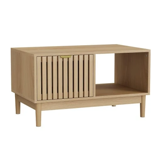 Mid-Century Modern Style 80cm Coffee Table, Living Room Center Table With Grid Structure, One Drawer, Open Shelves And Solid Wood Legs, Oak Color. - Natural Color - View 1