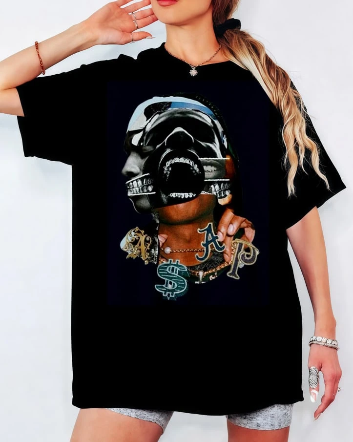 ASAP Rocky Abstract Collage T-Shirt, Dark Grunge Style Portrait Print, Unisex Casual Hip-Hop Fan Top - Black - View 1