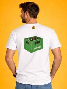 Casual T-Shirt With Green Beer Crate Design, Minimalist Style, For Hanging Out With Friends And Bars | 100% Cotton, Brazilian Style, Perfect For Hanging Out With Friends And Bars - 白色 - 查看 4