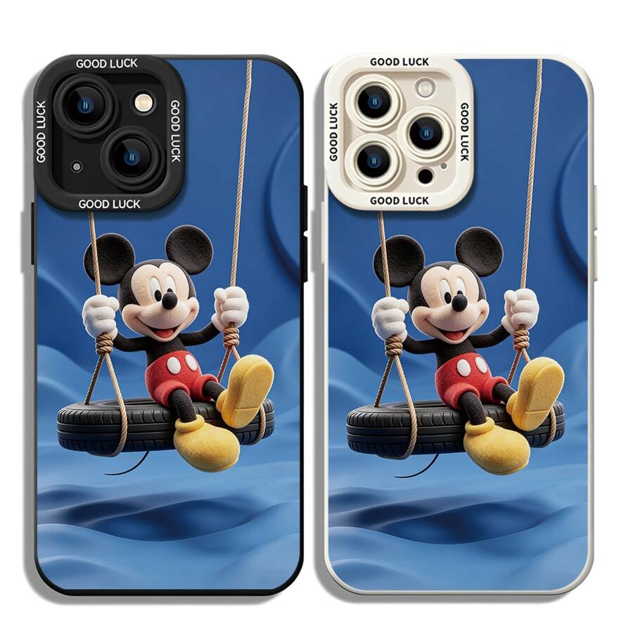 Officially Licensed Disney Mickey Mouse Phone Case, This Protective Phone Case Features A Playful Print Of Mickey Mouse Swinging On A Tire Swing Against A Smooth Blue Background, Made With Flexible, Durable TPU Material To Protect Against Everyday Scratches, Bumps, And Minor Impacts, With A Raised Camera Frame Printed With "GOOD LUCK" Text For Extra Lens Protection, Slim And Lightweight Construction That Adds Minimal Bulk And Fits Easily In Pockets And Bags, Compatible With IPhone 17, 16, 15, 14, 13, 12, 11 Pro Series And Galaxy S22, S23, S24, S25 Models, Making It A Charming Choice For Mickey Fans And Disney Lovers, Ideal For Birthdays, Holidays, Or Any Special Occasion To Surprise Family And Friends. - màu đen - Xem 1